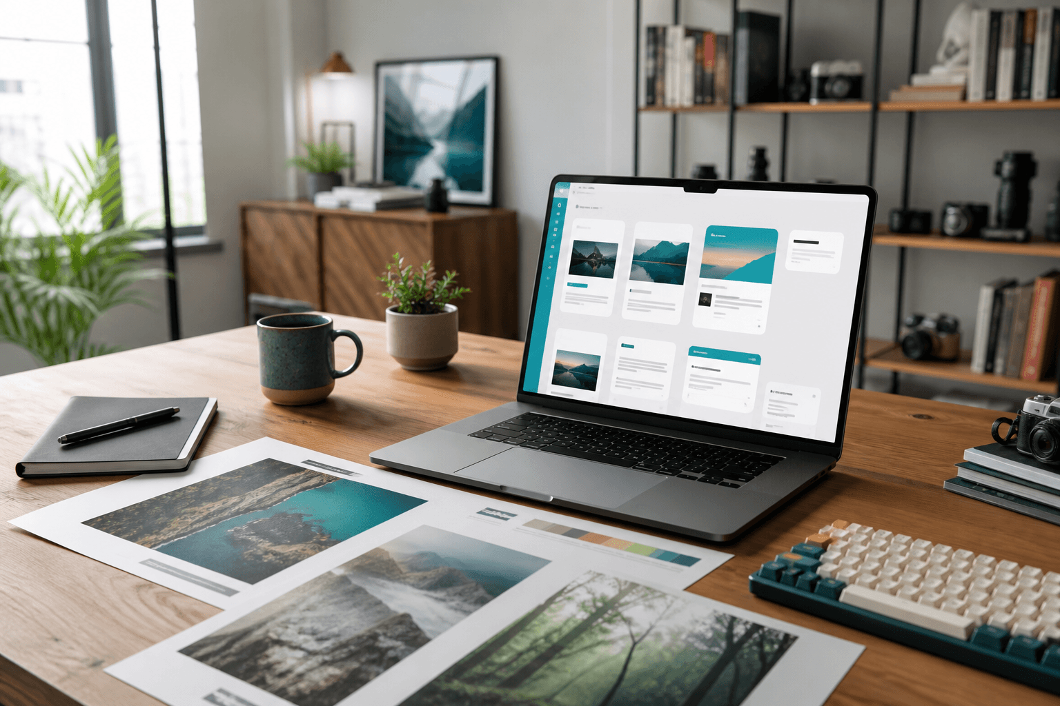A bright publishing studio with a laptop open to a content dashboard