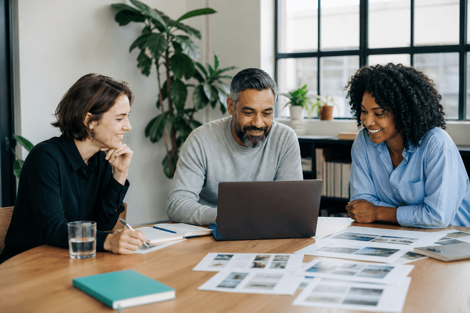 An editorial team collaborating around a table