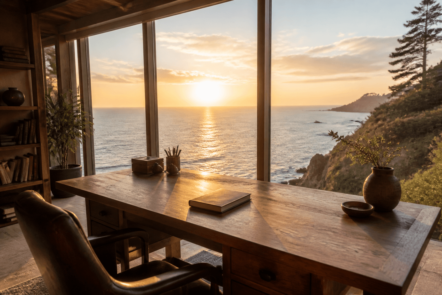 Sunrise light filling a quiet writing loft